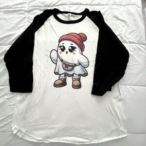 Black and White Ghost Graphic Halloween Ghost Raglan Shirt. Size XL